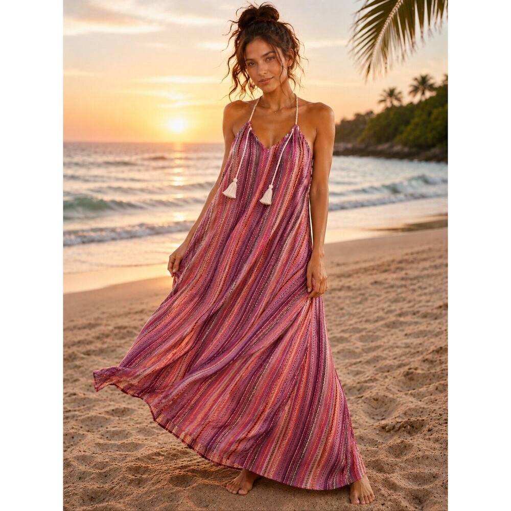 Boho Sunset Striped Maxi Dress Cover-Up | Women's Large | Flowy Beach Vacation